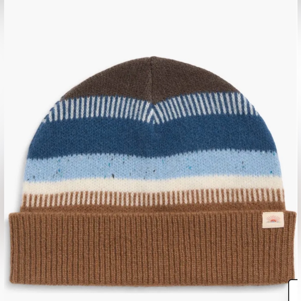 Faherty 100% Wool Striped Beanie Brown Blue Winter Hat NWT